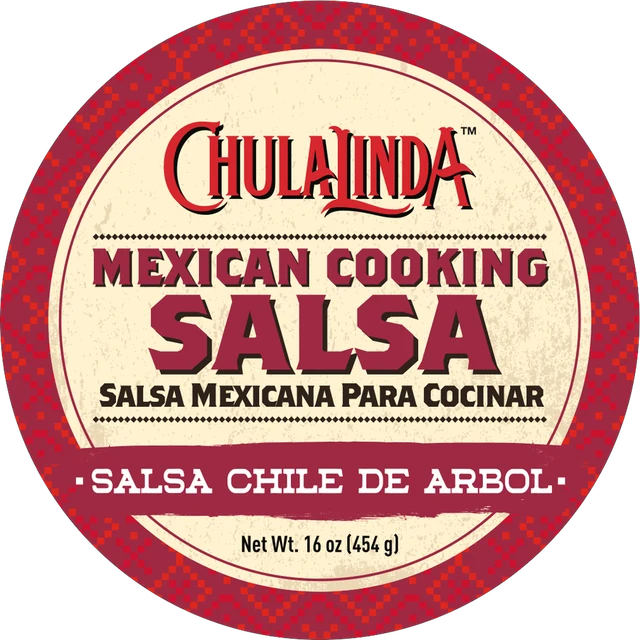 The printed lid: CHULALINDA Mexican Cooking Salsa Chile de Árbol, net wt. 16 oz (454 g).