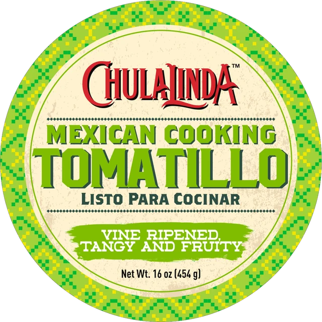 The printed lid: CHULALINDA Mexican Cooking Tomatillo, net wt. 16 oz (454 g).
